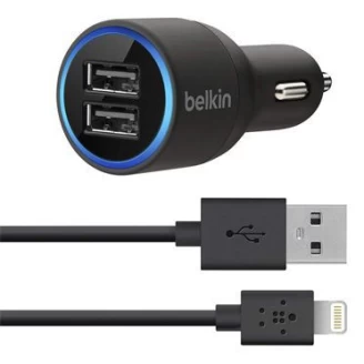 شارژر فندکی 2 پورت Belkin بلکین 2.1A با کابل لایتنینگ آیفون