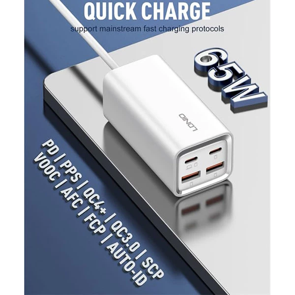 هاب شارژر 4 پورت الدینیو LDNIO A4610C Desktop Fast Charger توان 65 وات