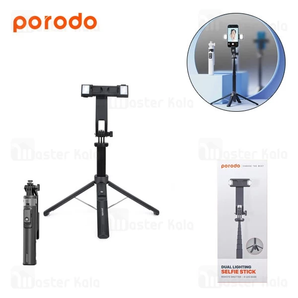 مونوپاد و سه پایه شاتر دار پرودو Porodo Dual Lighting Selfie Stick PD-SLSTL دارای چراغ جداشونده