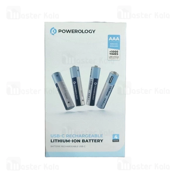 پک 4 تایی باتری نیم قلمی شارژی پاورولوژی Powerology PRUBAAA4 AAA Rechargeable Battery 