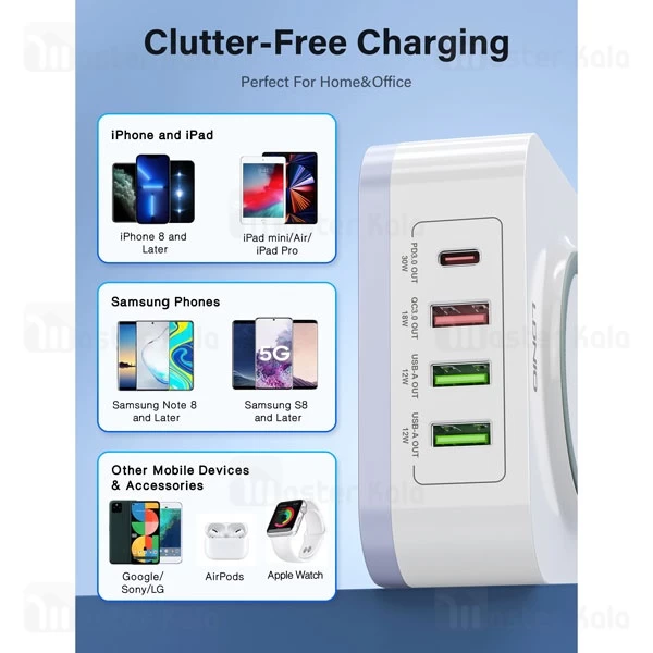 هاب شارژر 4 پورت و شارژر وایرلس الدینیو LDNIO AW004 توان 32 وات