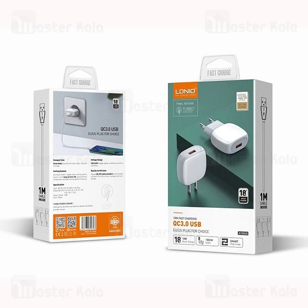 شارژر دیواری فست شارژ الدینیو LDNIO A1306Q Fast Wall Charger QC3.0 18W توان 18 وات همراه کابل
