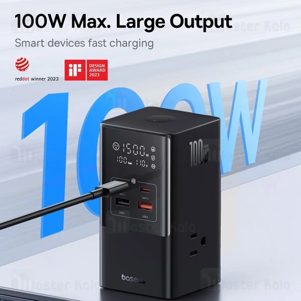چند راهی برق و شارژر بیسوس Baseus CCGAN100-S3ACJ Powercombo GaN دارای 4 پورت