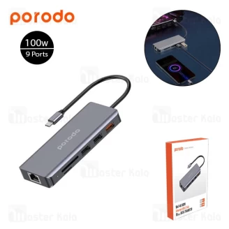 هاب 9 پورت پرودو Porodo 9in1 4K HDMI Ethernet USB-C Hub PD-91CHB توان 100 وات