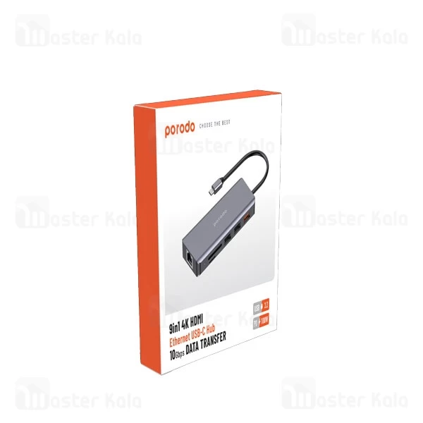 هاب 9 پورت پرودو Porodo 9in1 4K HDMI Ethernet USB-C Hub PD-91CHB توان 100 وات