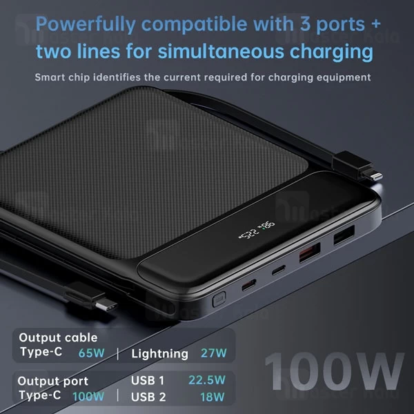 پاوربانک 20000 گرین لاین Green Lion Ultra Thin توان 100 وات همراه با کابل متصل