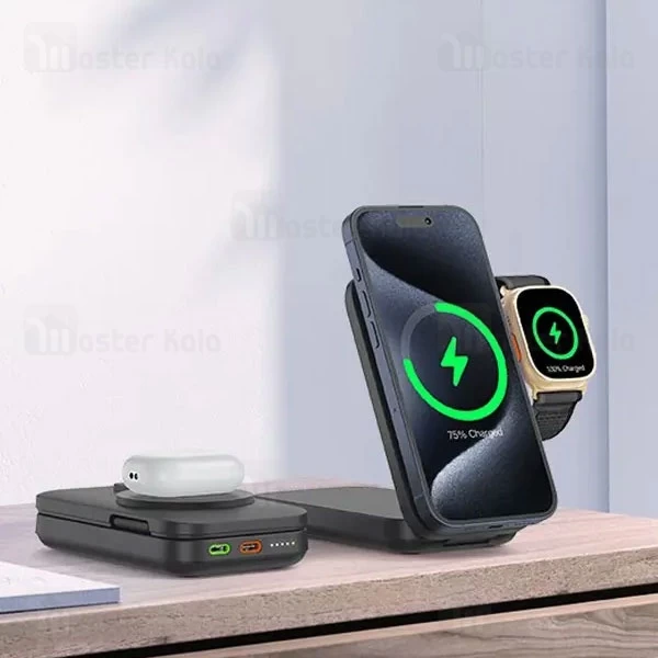 استند و پاوربانک وایرلس 10000 مگ سیف پاورولوژی Powerology 10000mAh Qi2 PPBCHA35 امکان شارژ اپل واچ