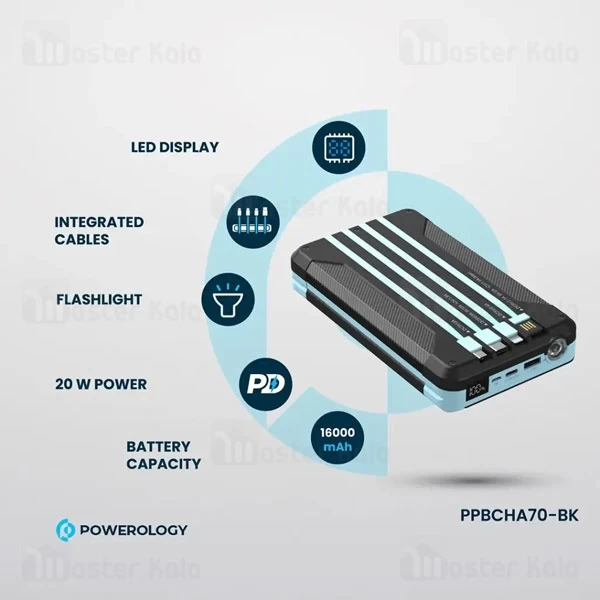 پاوربانک 16000 پاورولوژی Powerology Multi-Cable Power Bank PPBCHA70 توان 20 وات همراه با کابل متصل