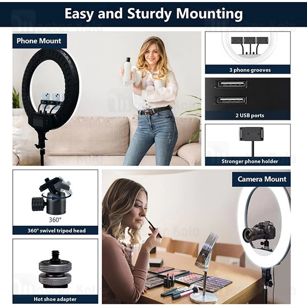 رینگ لایت بیوا Biva RL-02 55W LED Soft Ring Light سایز 18 اینچ با سه پایه و 3 هولدر