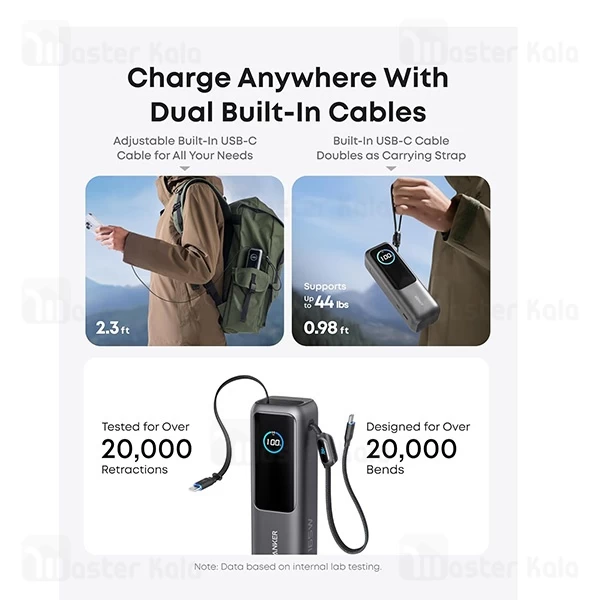 پاوربانک 25000 انکر Anker A1695 Zolo Power Bank توان 165 وات همراه با کابل متصل