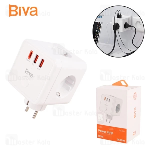 چند راهی برق و شارژر بیوا Biva PS-07 Power Strip دارای 3 پورت