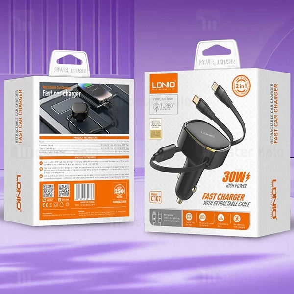شارژر فندکی الدینیو Ldnio C107 توان 30 وات همراه با کابل