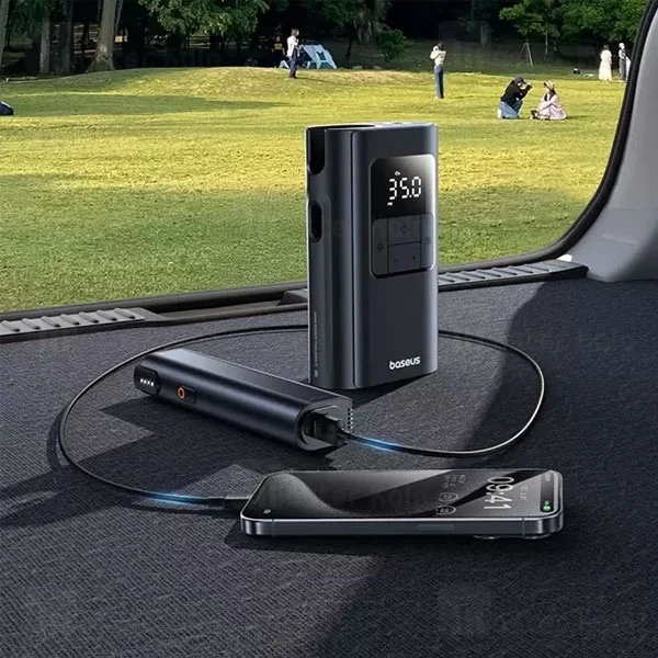 پاوربانک و کمپرسور باد 6000 میلی آمپر بیسوس Baseus 2 in 1 Car Tire Inflator C11169001121 دارای چراغ قوه
