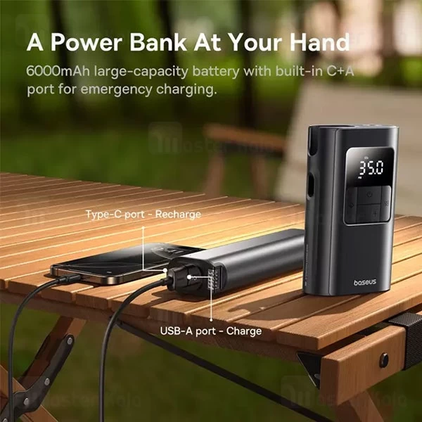 پاوربانک و کمپرسور باد 6000 میلی آمپر بیسوس Baseus 2 in 1 Car Tire Inflator C11169001121 دارای چراغ قوه