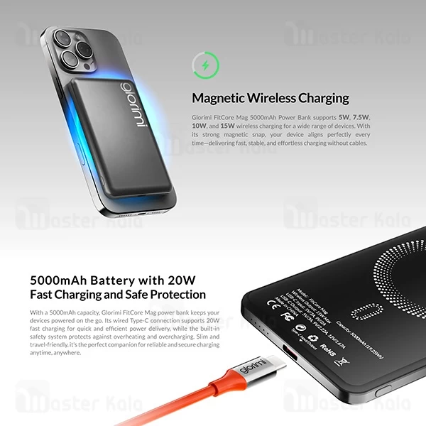 پاوربانک فوق نازک 5000 شیائومی گلوریمی Glorimi FitCore Mag توان 20 وات 