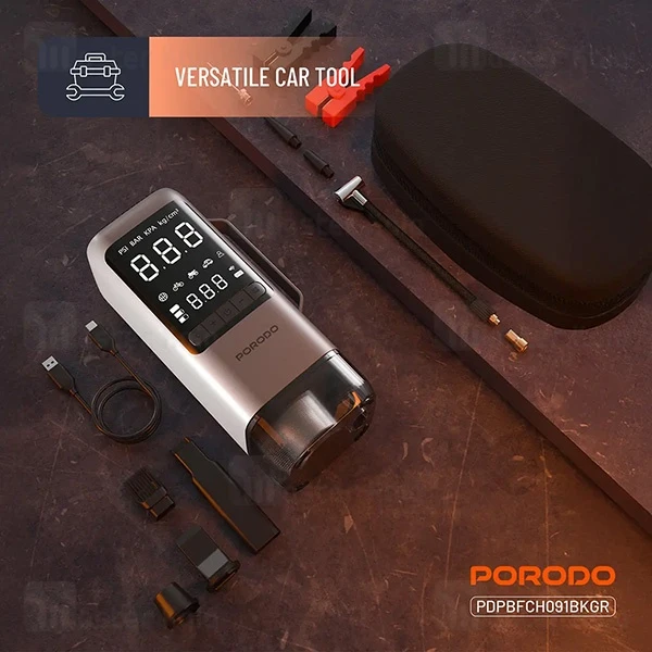پاوربانک 8000 و کمپرسور باد و جامپ استارتر خودرو پرودو Porodo 1000A Jump Starter PDPBFCH091BKGR