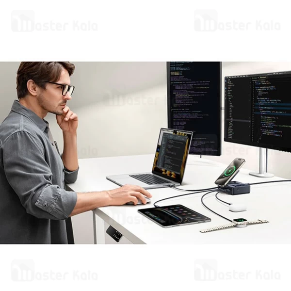 هاب شارژر 3 پورت و شارژر وایرلس بیسوس Baseus P10170901123 Nomos Qi2 CCNMS140 توان 140 وات