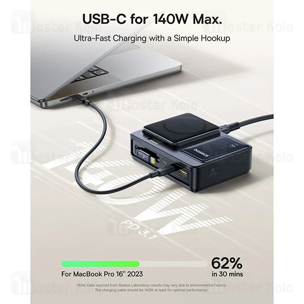 هاب شارژر 3 پورت و شارژر وایرلس بیسوس Baseus P10170901123 Nomos Qi2 CCNMS140 توان 140 وات