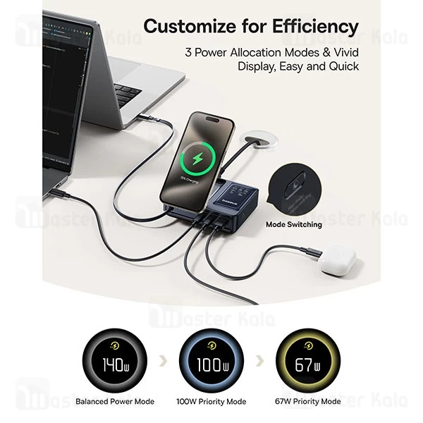 هاب شارژر 3 پورت و شارژر وایرلس بیسوس Baseus P10170901123 Nomos Qi2 CCNMS140 توان 140 وات