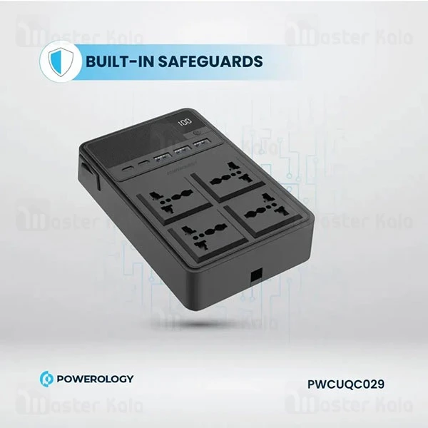 چند راهی برق و شارژر پاورولوژی Powerology PWC029 PWCUQC029 دارای 5 پورت و 2 کابل متصل
