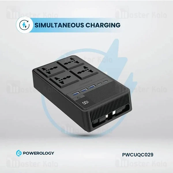 چند راهی برق و شارژر پاورولوژی Powerology PWC029 PWCUQC029 دارای 5 پورت و 2 کابل متصل