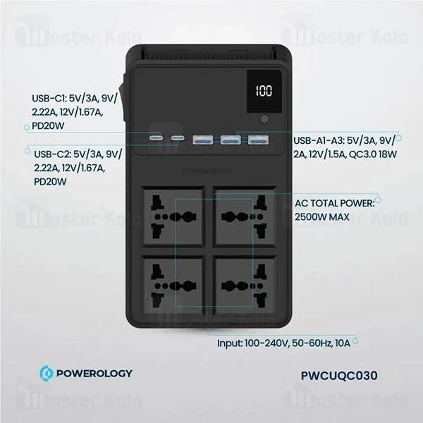 چند راهی برق و شارژر پاورولوژی Powerology PWC029 PWCUQC029 دارای 5 پورت و 2 کابل متصل