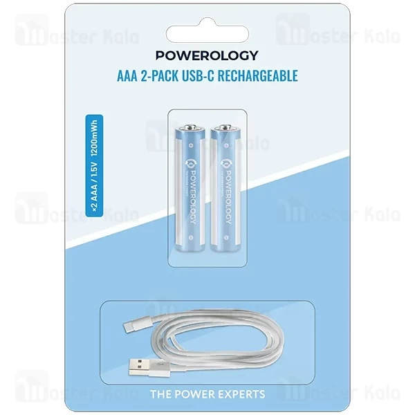 پک 2 تایی باتری نیم قلمی شارژی پاورولوژی Powerology AAA 2-Pack USB-C Rechargeable PWAAA122