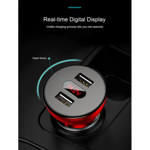 شارژر فندکی 2 پورت فست شارژ 4.8A بیسوس Baseus shake Head Digital Display