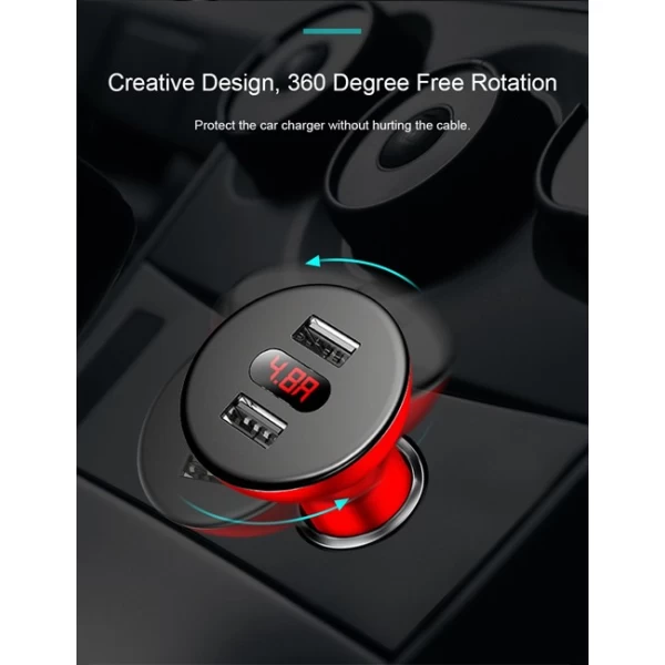 شارژر فندکی 2 پورت فست شارژ 4.8A بیسوس Baseus shake Head Digital Display