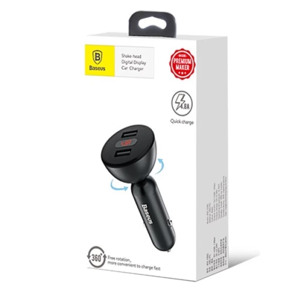 شارژر فندکی 2 پورت فست شارژ 4.8A بیسوس Baseus shake Head Digital Display