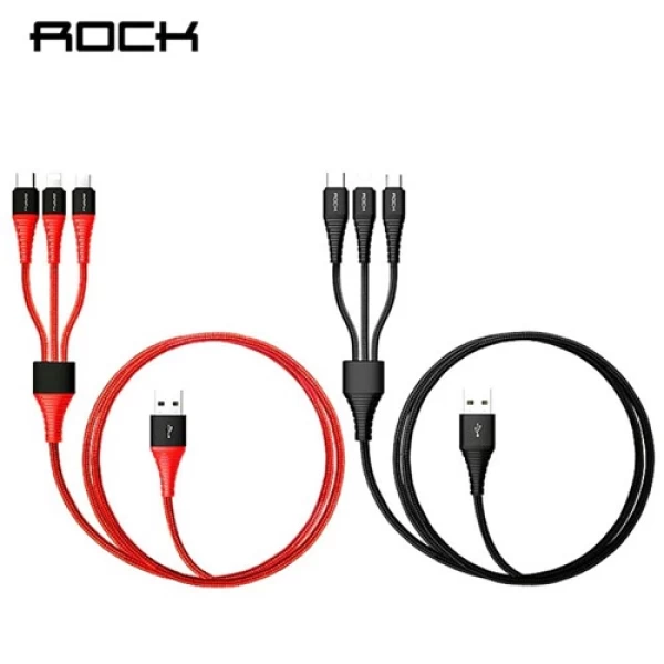 کابل شارژ سه سر 3.0 میلی آمپر راک Rock Hi-Tensile 3 in 1 Charging Cable