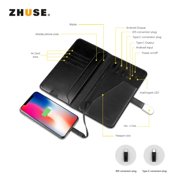 پاوربانک 10000 میلی آمپر و کیف چرمی و فلش مموری Zhuse Glory Series PB-032