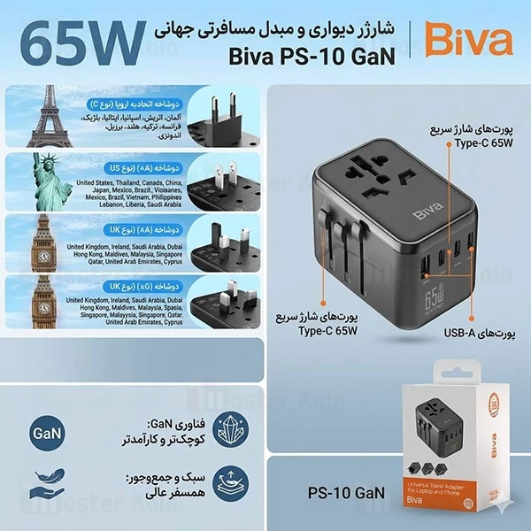 شارژر دیواری و مبدل برق بیوا Biva PS-10 Universal Travel Adapter توان 65 وات