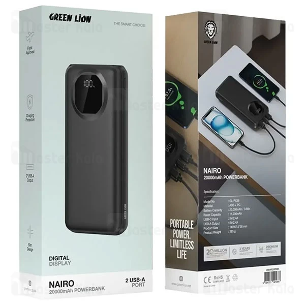 پاوربانک 20000 گرین لاین Green Lion Nairo GNNAR20PBBK توان 12 وات