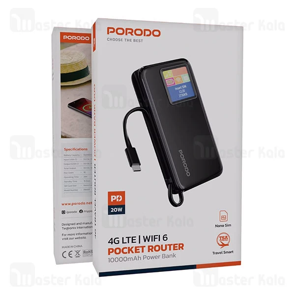 مودم همراه 4G و پاور بانک 10000 پرودو Porodo PDPBFCH087BK