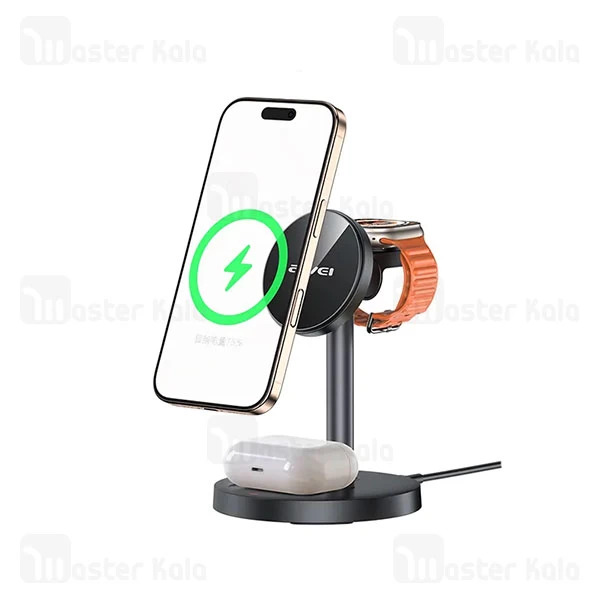 استند و شارژر وایرلس چندکاره اوی Awei W28 3 in 1 توان 15 وات با قابلیت شارژ اپل واچ