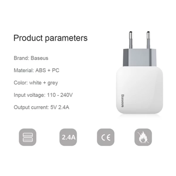آداپتور شارژر دو پورت 2.4 آمپر بیسوس Baseus Letour Dual U Charger