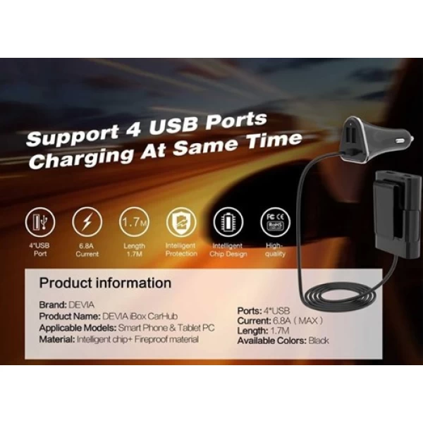 شارژر فندکی و هاب 4 پورت Devia Ibox Carhub 4 USB Port مناسب اتومبیل