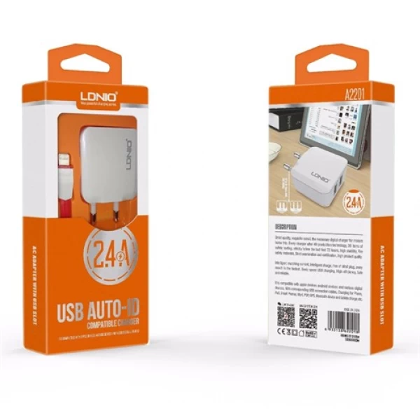 آداپتور شارژر دو پورت الدینیو LDNIO A2201 Charger Adapter همراه با کابل