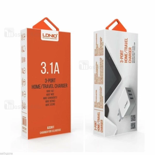 آداپتور شارژر سه پورت 3.1 آمپر الدینیو Ldnio A3301 Charger با کابل