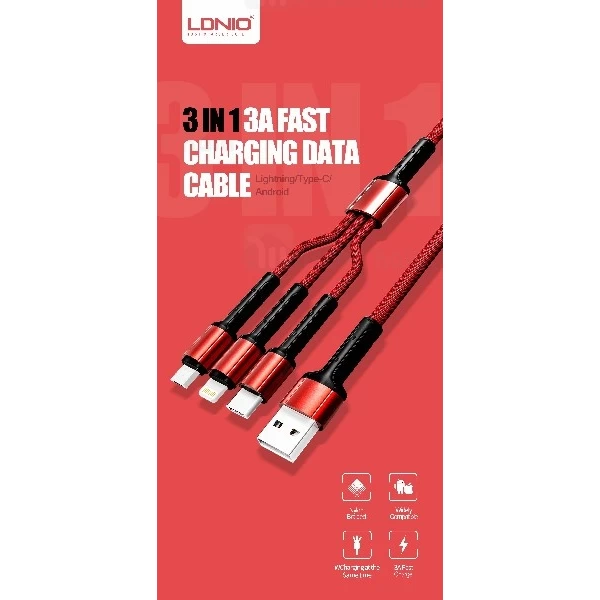 کابل شارژ سه سر الدینیو LDNIO LC-93 3 in 1 Charge Cable توان 3.5 آمپر