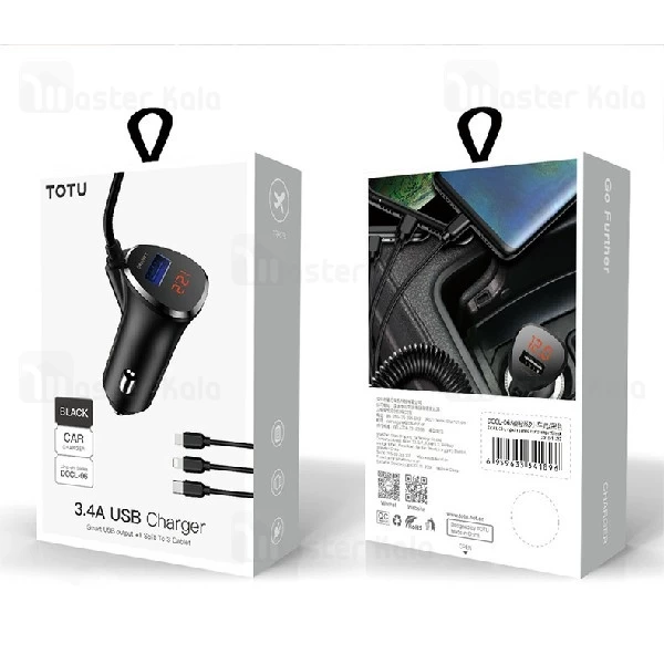 شارژر فندکی توتو TOTU DCCL-06 Charger با کابل متصل سه سر و توان 3.4 آمپر