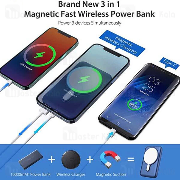 پاوربانک وایرلس 10000 راک اسپیس Rock Space T113 Magnetic Wireless Charger PD Power Bank توان 15 وات