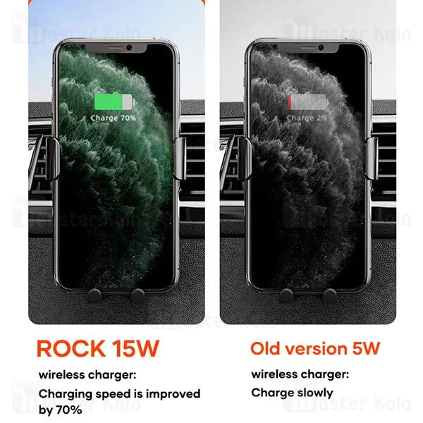 هولدر و شارژر وایرلس دریچه کولری راک Rock W31 Wireless Charger Car Mount Gravity 118A-15 توان 15 وات