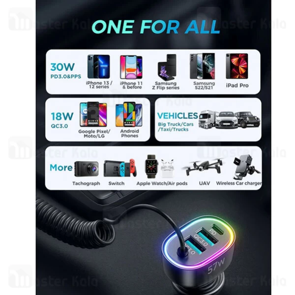 شارژر فندکی فست شارژ جویروم Joyroom JR-CL20 توان 57 وات کابل متصل Lightning