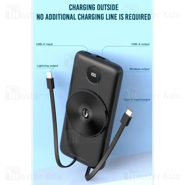 پاوربانک وایرلس 10000 ایکس او XO PR186 توان 22.5 وات و کابل متصل