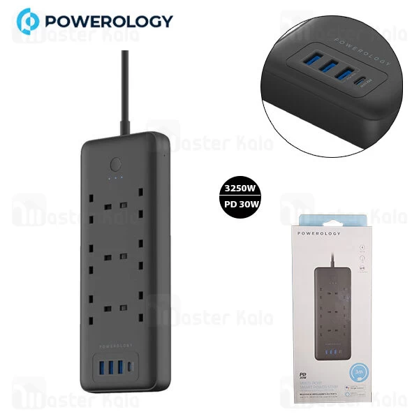 چند راهی برق و شارژر هوشمند پاورولوژی Powerology Smart Multiport Socket PSMSUPD دارای 4 پورت
