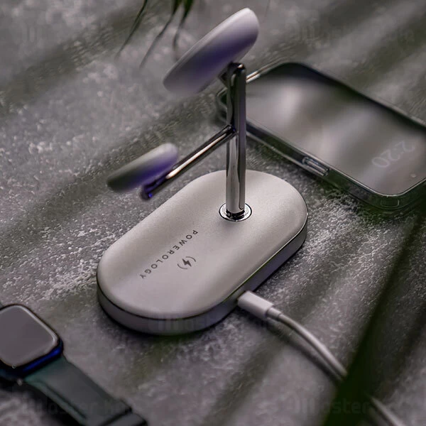 استند و شارژر وایرلس مگ سیف پاورولوژی Powerology 3 in 1 MFi Charging Dock P31MFCHWH