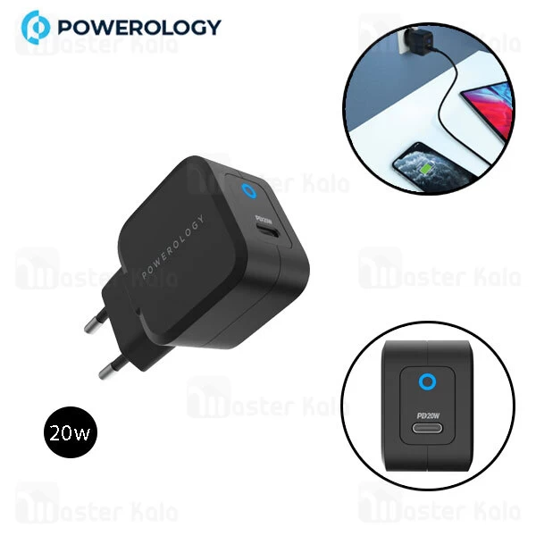 شارژر دیواری پاورولوژی Powerology Ultra-Compact PD GaN Charger EU P20WGNEUBK توان 20 وات