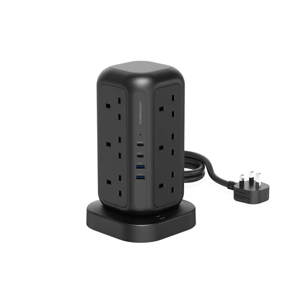 چند راهی برق و شارژر پاورولوژی Powerology 12 Socket GaN Tower Hub PWCUQC025 دارای 4 پورت